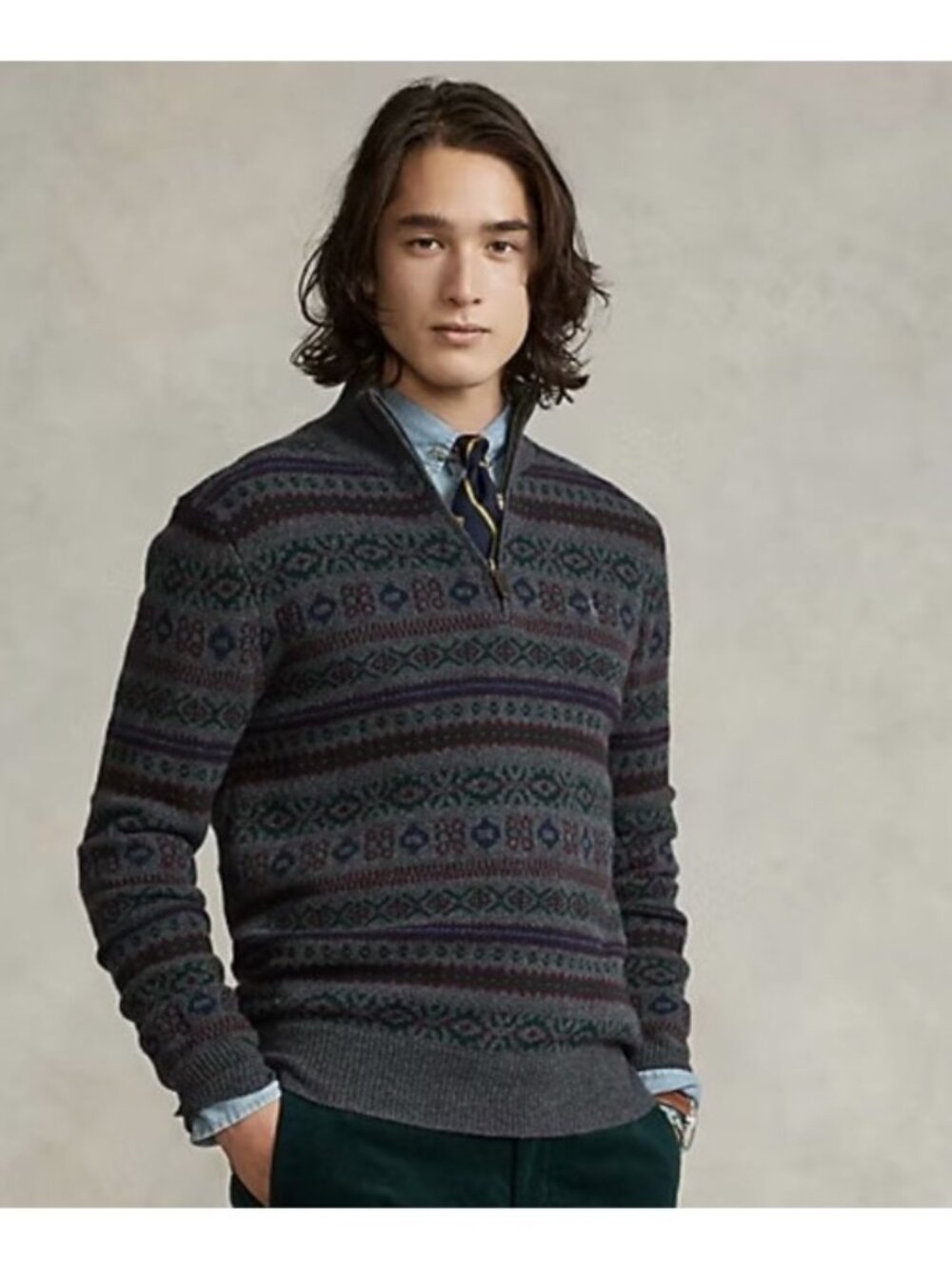 Polo Ralph Lauren Sweater Large L Mens Fair Isle Wool Cashmere 1/4 Zip Grey NWT